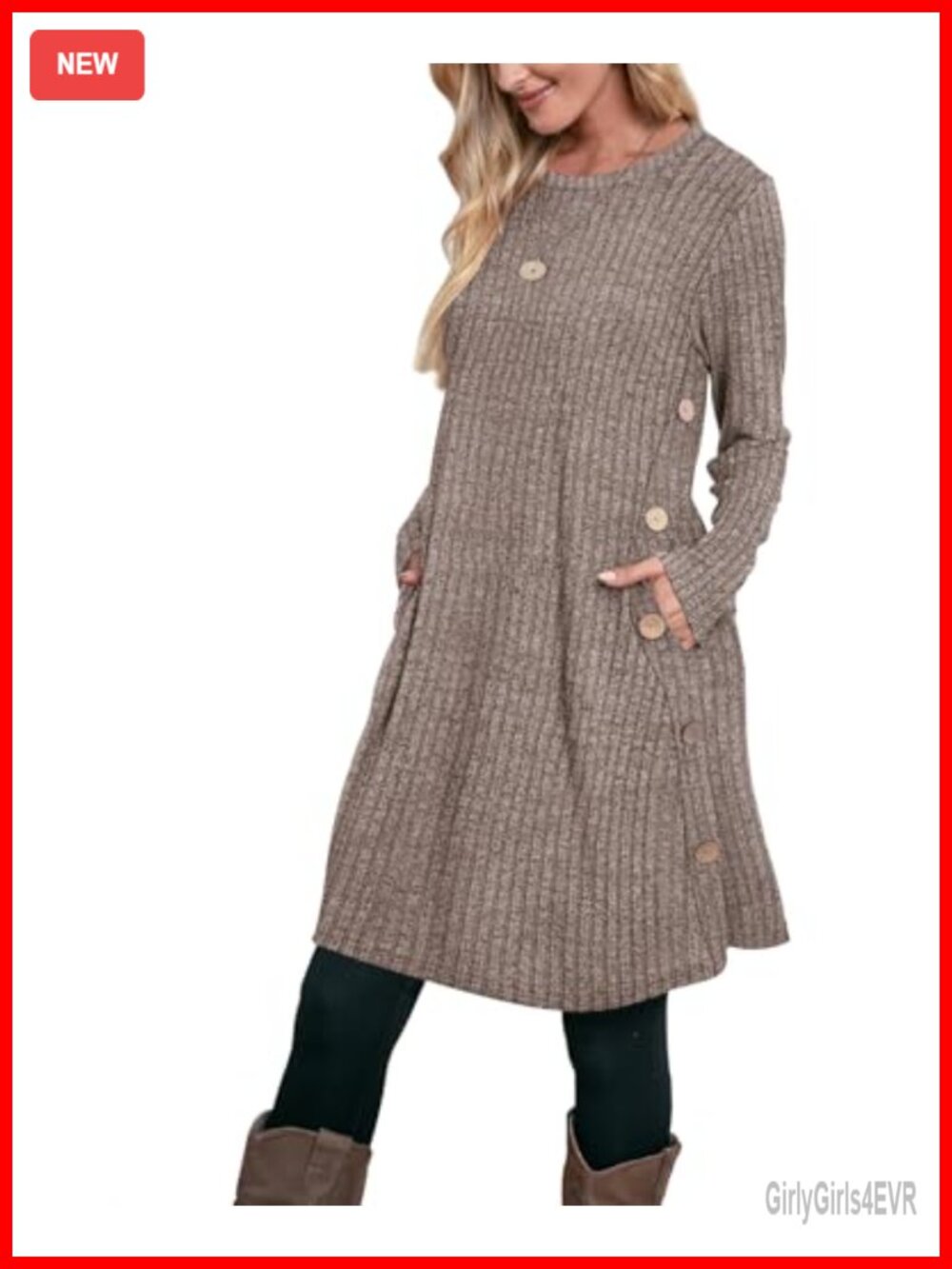 OFEEFAN Fall Dress Women Crew Neck Long Sleeve Ribbed Knit with Pockets